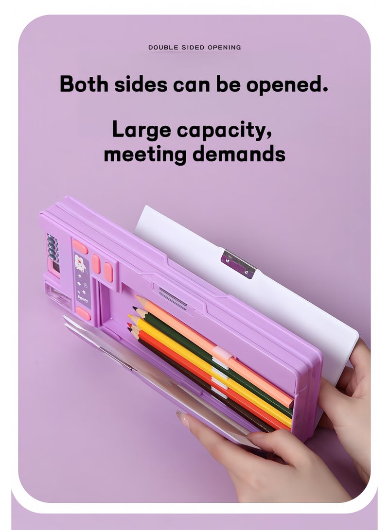 S-Quality Purple Bear Pencil Case with Calculator, Built-in Sharpener and Schedule, Multifunctional Stationery Box for Kids, Boys and Girls - Image 3