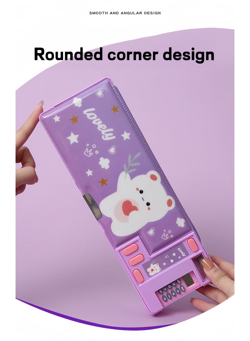 S-Quality Purple Bear Pencil Case with Calculator, Built-in Sharpener and Schedule, Multifunctional Stationery Box for Kids, Boys and Girls - Image 2