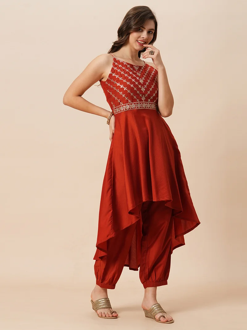 globus Women Embroidered Halter Neck High-Low Hem A-Line Kurta With Afghani Pants Festive Set