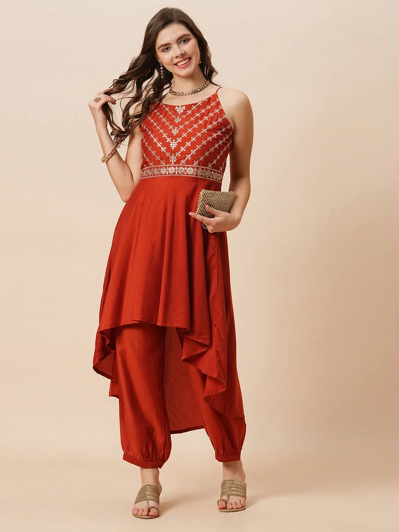 globus Women Embroidered Halter Neck High-Low Hem A-Line Kurta With Afghani Pants Festive Set