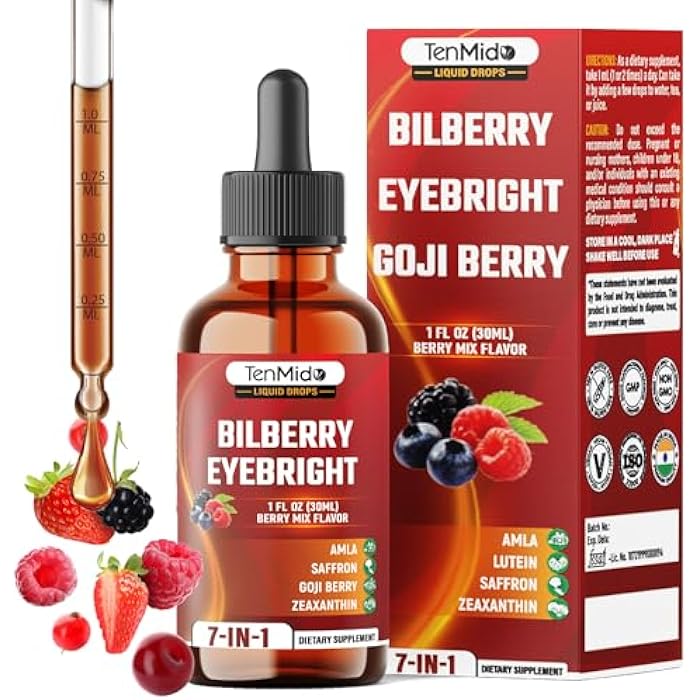 Tenmido Bilberry Extract Liquid - 7in1 Herbal Supplements with Eyebright, Goji Berry, Amla, Lutein, Zeaxanthin, and Saffron - Vegan, Non-GMO - 30ml 1 Fl Oz - Image 1
