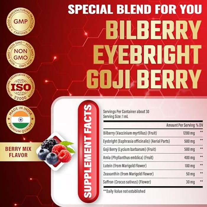 Tenmido Bilberry Extract Liquid - 7in1 Herbal Supplements with Eyebright, Goji Berry, Amla, Lutein, Zeaxanthin, and Saffron - Vegan, Non-GMO - 30ml 1 Fl Oz - Image 3