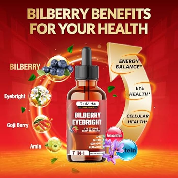 Tenmido Bilberry Extract Liquid - 7in1 Herbal Supplements with Eyebright, Goji Berry, Amla, Lutein, Zeaxanthin, and Saffron - Vegan, Non-GMO - 30ml 1 Fl Oz - Image 5