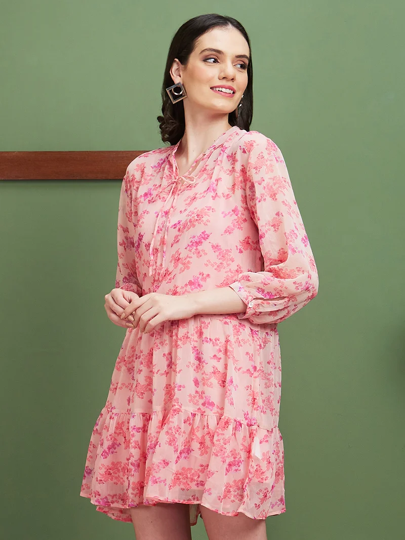 globus Women Pink Floral Print Georgette A-Line Dress