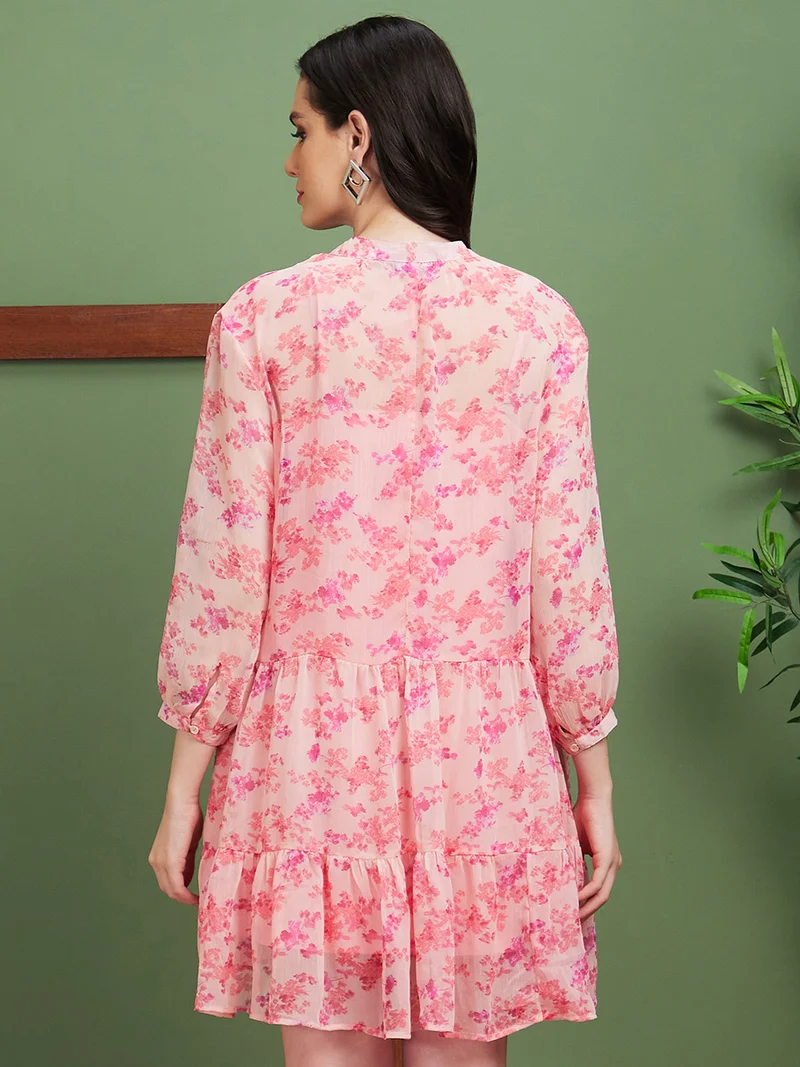 globus Women Pink Floral Print Georgette A-Line Dress
