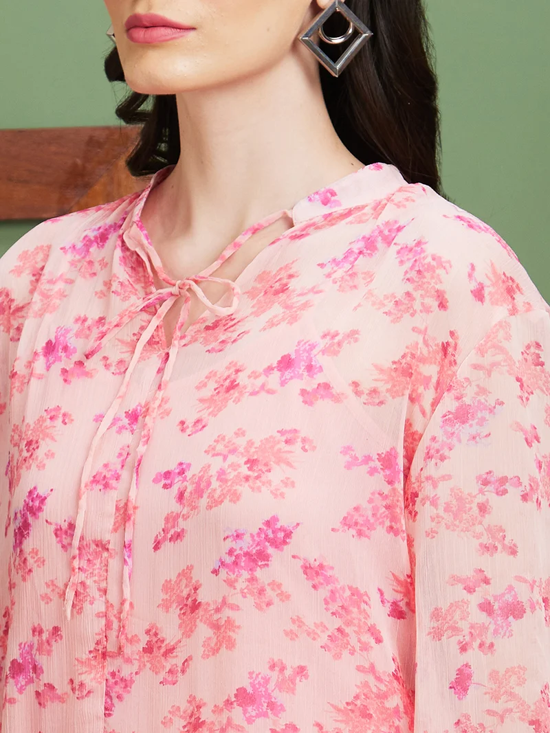 globus Women Pink Floral Print Georgette A-Line Dress