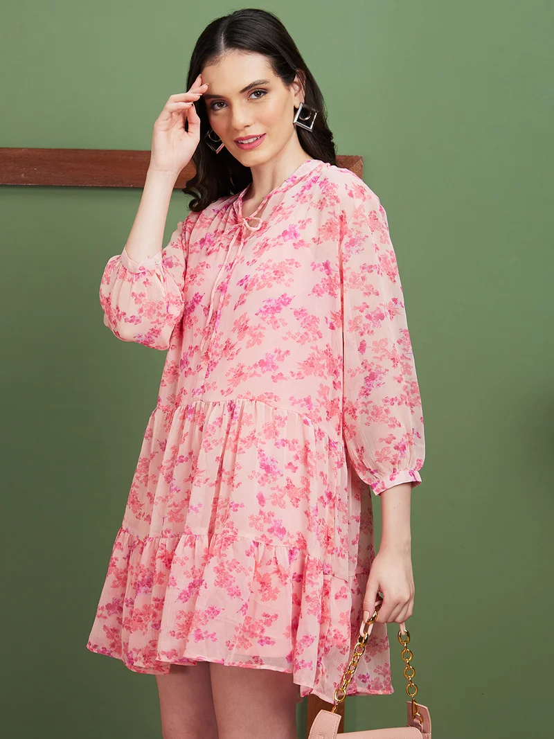 globus Women Pink Floral Print Georgette A-Line Dress