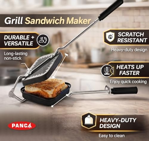 PANCA Gas Toaster Grill Sandwich Maker | Cast Aluminium Non-Stick Coated Sandwich Griller with Long Handle | Portable Gas Sandwich Maker (Grill Toaster New) - Image 3