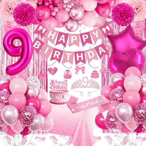 Fantspati 9th Birthday Decorations for Girls Pink Party Decorations with Number 9 Balloon Happy Birthday Banner Bday Sash Crown Tablecloth Fringe Curtain Hanging Swirl for 9 Balloons for Bday Girl - Image 1