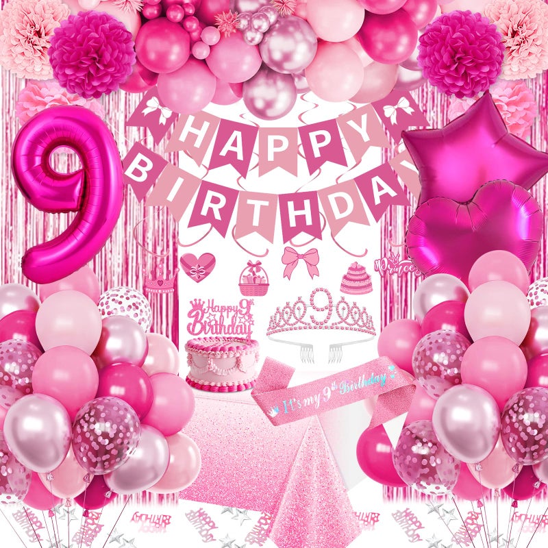 Fantspati 9th Birthday Decorations for Girls Pink Party Decorations with Number 9 Balloon Happy Birthday Banner Bday Sash Crown Tablecloth Fringe Curtain Hanging Swirl for 9 Balloons for Bday Girl - Image 3