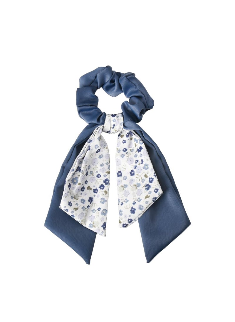 YangQian - Bow Hair Ties for Women Girls Bowknot Scrunchie for Women Girls Hair Ties with Bows for Hair Scrunchies with Double Bow Knot Hair Ribbon with Floral Print Navy Blue Satin Scrunchies for Women Girls - Image 1