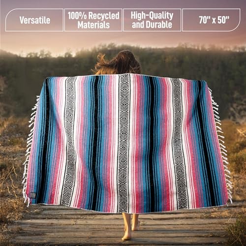 Hydration Nation Authentic Large Handwoven Mexican Striped Throw Blanket - Soft, Durable, Eco-Friendly - 70"x50" - Cotton Candy - Image 3
