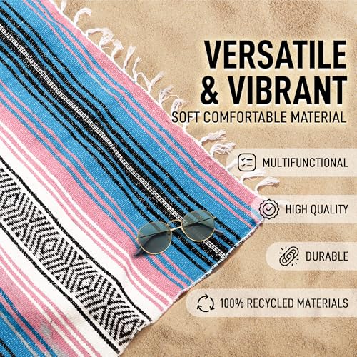 Hydration Nation Authentic Large Handwoven Mexican Striped Throw Blanket - Soft, Durable, Eco-Friendly - 70"x50" - Cotton Candy - Image 2