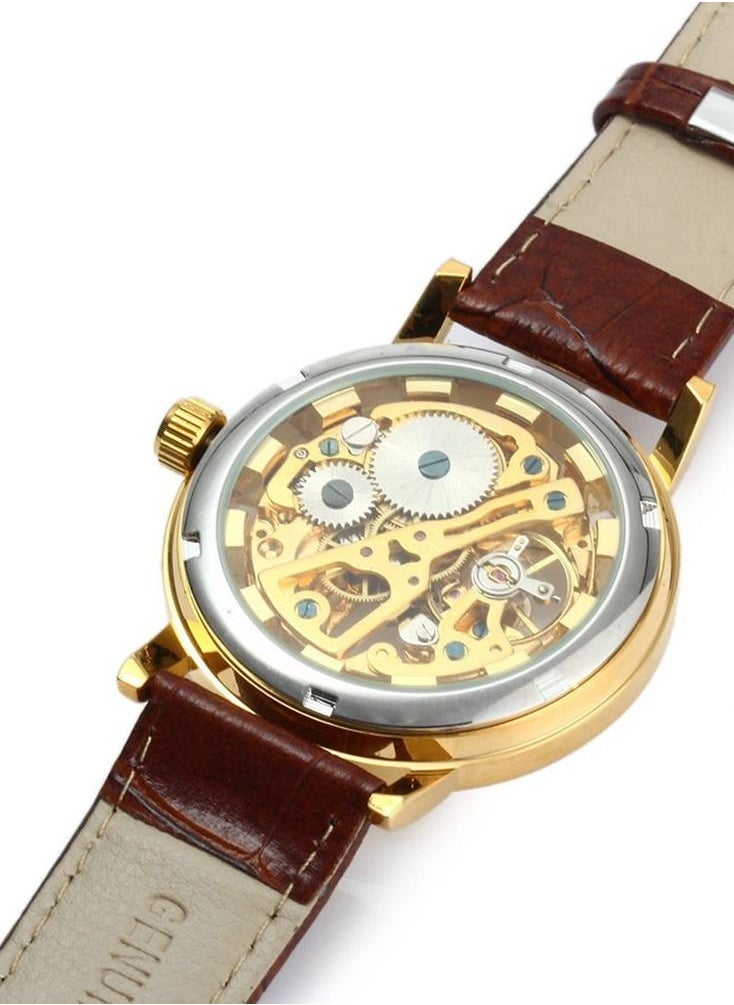 KASTWAVE - Mens Watches, KASTWAVE Men Skeleton Round Dial Automatic Mechanical Wrist Watch with PU Band Waterproof Sports Business Analog Dial Stainless Steel Band Strap Wrist Watch for Men (Golden+Brown) - Image 1