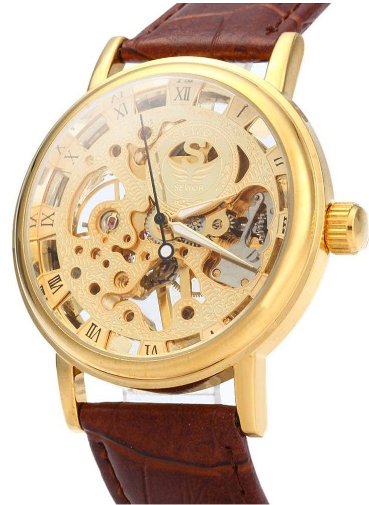 KASTWAVE - Mens Watches, KASTWAVE Men Skeleton Round Dial Automatic Mechanical Wrist Watch with PU Band Waterproof Sports Business Analog Dial Stainless Steel Band Strap Wrist Watch for Men (Golden+Brown) - Image 1