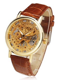 Mens Watches, KASTWAVE Men Skeleton Round Dial Automatic Mechanical Wrist Watch with PU Band Waterproof Sports Business Analog Dial Stainless Steel Band Strap Wrist Watch for Men (Golden+Brown)