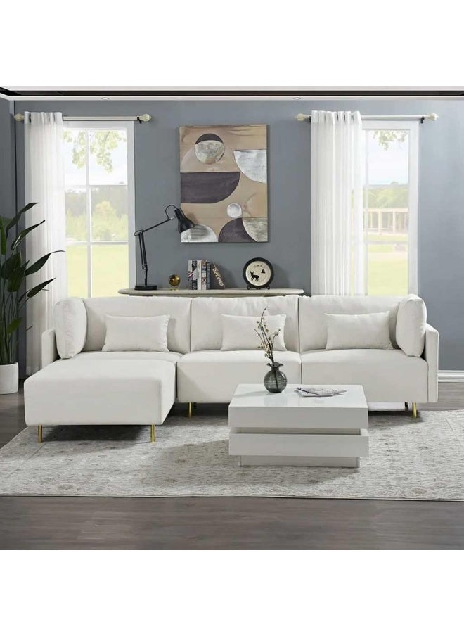 Homzmart Swedish Wood and velvet L-Shape Sofa - White  - Image 1
