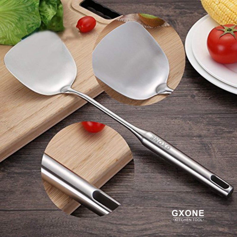 GXONE Wok Spatula Stainless Steel  Wide Metal Spatula with Hollow Long Handle Wok Utensils Silver/14.7Inch - Image 5
