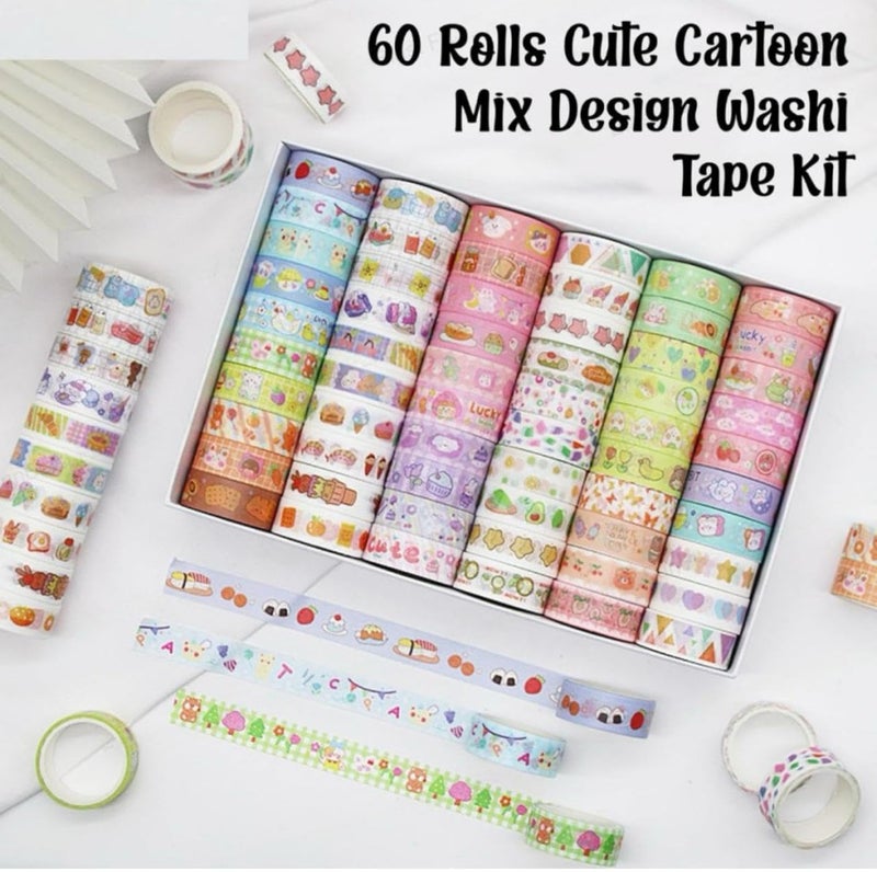 Crafty Cuddle Washi Tape Set, Decorative Japanese Masking Paper Tape for Scrapbooking, Planners, Card/Gift Wrapping, DIY Decor and Craft Supplies, Multicolor Printed Design - 60 Pcs - Image 2
