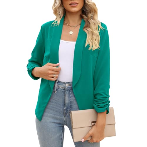 POGTMM Bright Blazer Summer Cardigan Jacket for Women Lightweight 3/4 Slim Office Blazer (M, Teal) - Image 1