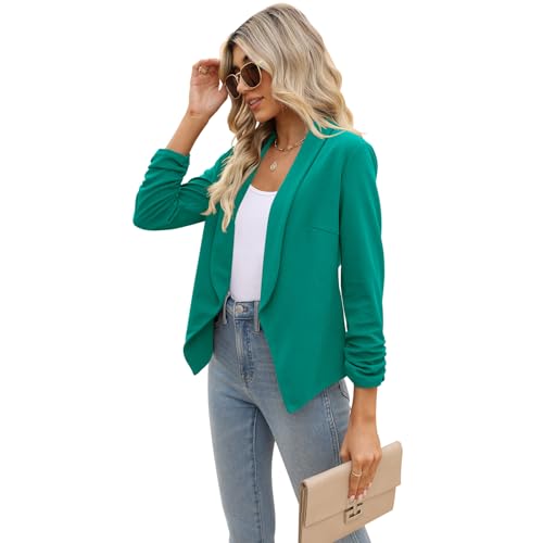 POGTMM Bright Blazer Summer Cardigan Jacket for Women Lightweight 3/4 Slim Office Blazer (M, Teal) - Image 5