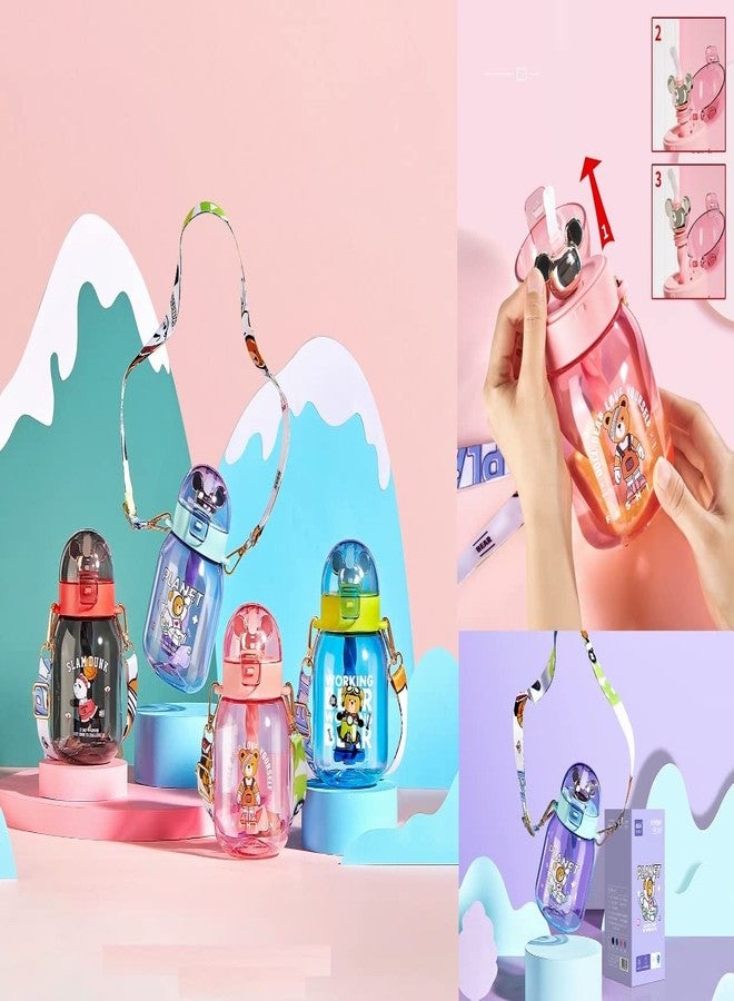 TEMSON School Sipper Water Bottle for Kids – Tritan Water Bottle with Straw and Adjustable Strap for Kids, Cute Cartoon Themed Water Bottle for Boys and Girls (600 ML) (Purple)(ABL-1035) - Image 2
