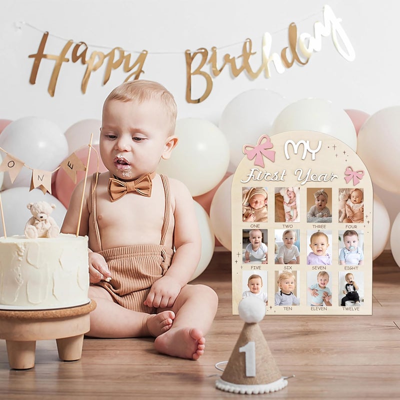 Aukolass Bow One Year of Photo Board My First Year Photo Photo Board 12 Monthly Milestones Picture Frame for Baby Girl 1st Birthday Decorations pink - Image 2