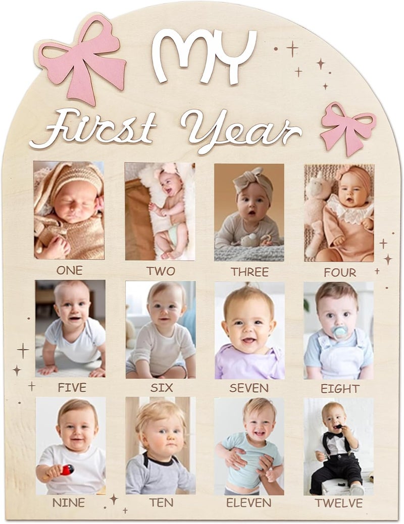 Aukolass Bow One Year of Photo Board My First Year Photo Photo Board 12 Monthly Milestones Picture Frame for Baby Girl 1st Birthday Decorations pink - Image 1