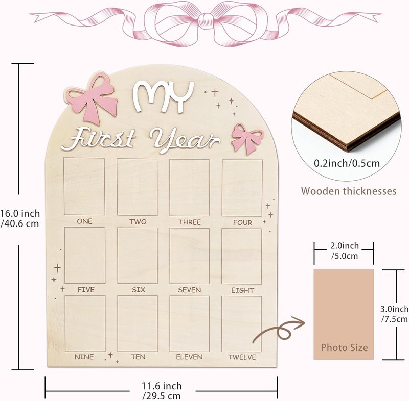 Aukolass Bow One Year of Photo Board My First Year Photo Photo Board 12 Monthly Milestones Picture Frame for Baby Girl 1st Birthday Decorations pink - Image 3