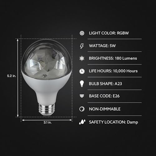 Feit Electric Multicolor Changing Disco Party LED Light Bulb, DISCO1/LED, A19, RGB, RGB Multicolor, 5.3" H x 3.15" D - Image 3