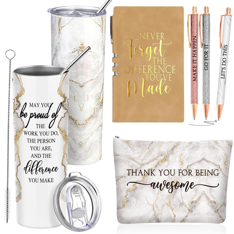 Domensi 6 Pcs Employee Appreciation Gift Set for Women Female Thank You Gift May You Be Proud 20 oz Rustic Marble Sign Tumbler Makeup Bag Journal for Teacher Nurse Lady Work BusinessWhite