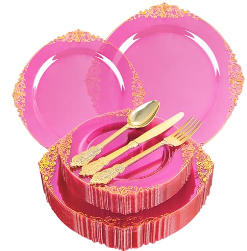 Joyido 125PCS Hot Pink Plastic Plates - Clear Pink Gold Disposable Plates - Hot Pink Party Plate with Gold Plastic Silverware Set for 25 Guests for Wedding Party Birthday - Image 1