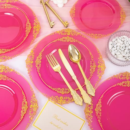 Joyido 125PCS Hot Pink Plastic Plates - Clear Pink Gold Disposable Plates - Hot Pink Party Plate with Gold Plastic Silverware Set for 25 Guests for Wedding Party Birthday - Image 3