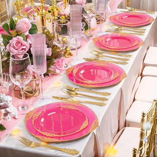 Joyido 125PCS Hot Pink Plastic Plates - Clear Pink Gold Disposable Plates - Hot Pink Party Plate with Gold Plastic Silverware Set for 25 Guests for Wedding Party Birthday - Image 5