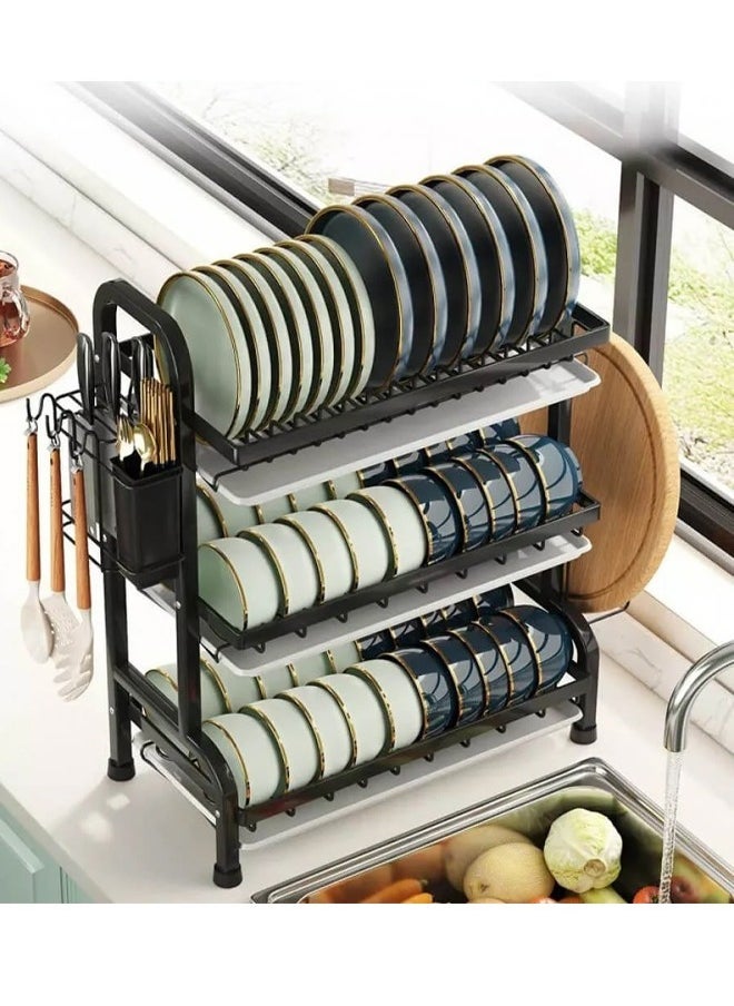 Multi-layer kitchen dish drying rack with side shelves and organizers 3 levels