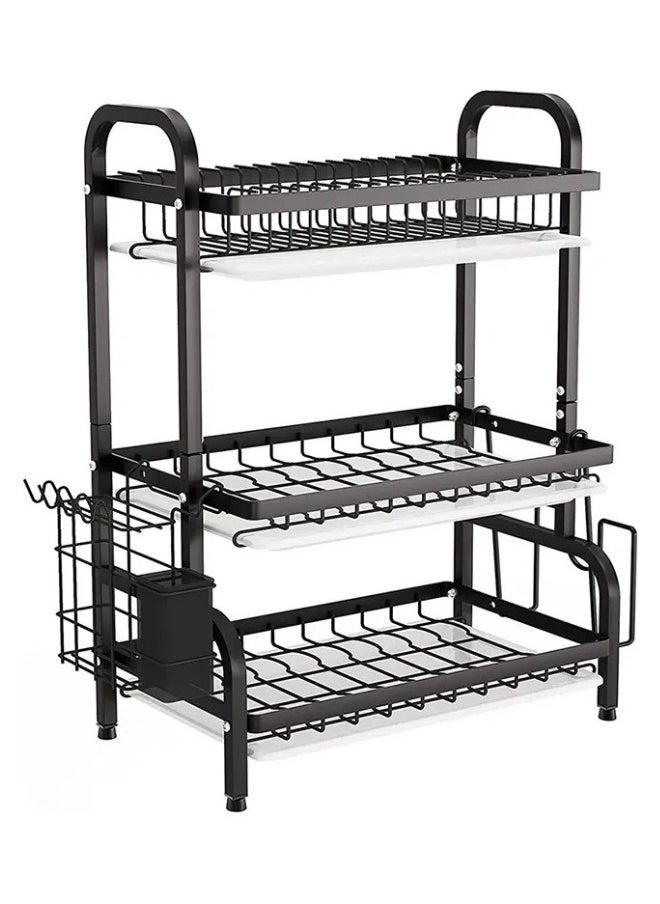 Multi-layer kitchen dish drying rack with side shelves and organizers 3 levels