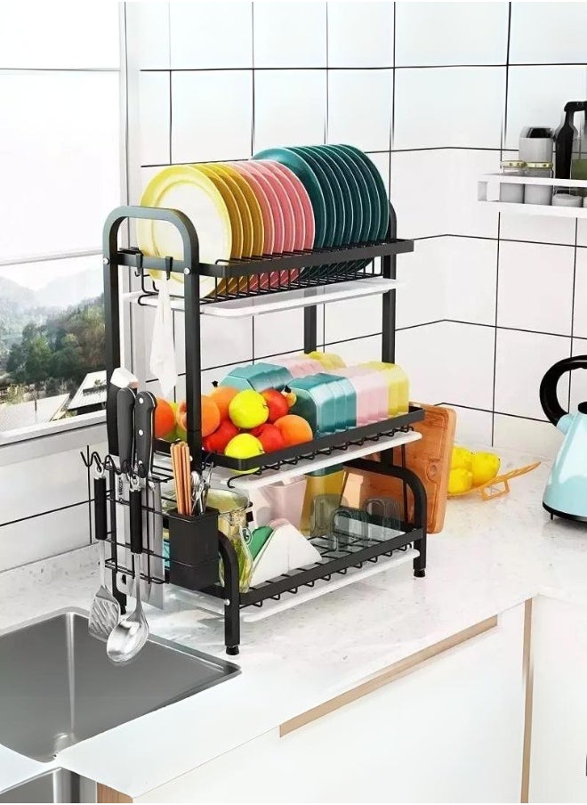 Multi-layer kitchen dish drying rack with side shelves and organizers 3 levels