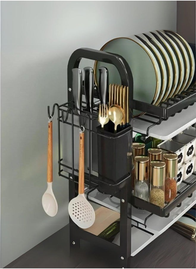 Multi-layer kitchen dish drying rack with side shelves and organizers 3 levels