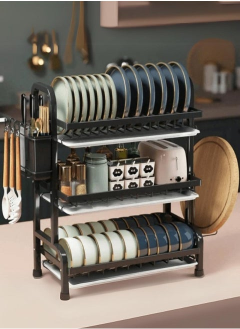 Multi-layer kitchen dish drying rack with side shelves and organizers 3 levels
