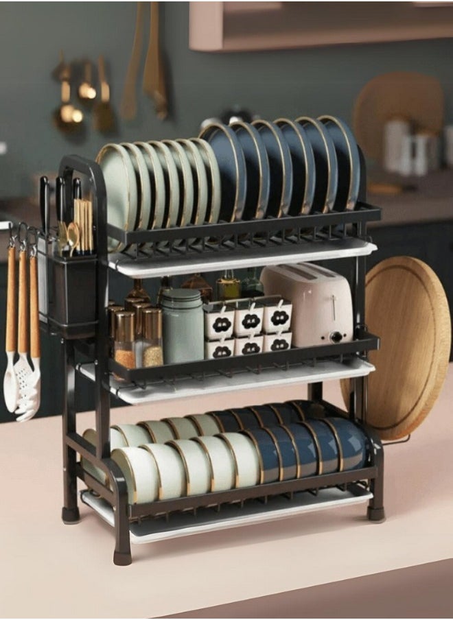 Multi-layer kitchen dish drying rack with side shelves and organizers 3 levels