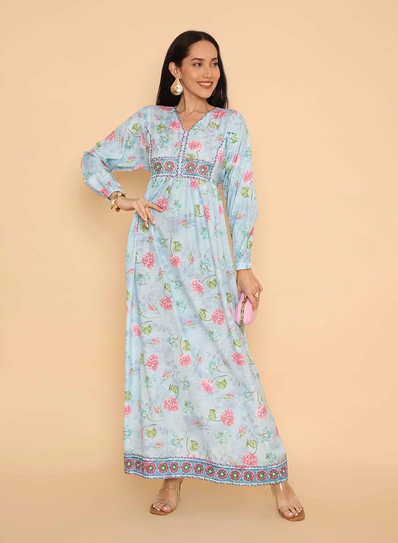 HANA & SARA Womens long arabic traditional printed jalabiya dress with unique stone beaded design - Image 1