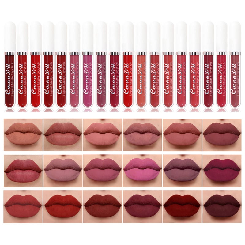 CmaaDu 18Pcs Matte Liquid Lipstick Set, Waterproof Long Lasting Non-Stick Cup Nude Lipstick Dark Red Lipstick for Women 24 Hour High Pigmented Lip Gloss Set Christmas Day Gifts for Women - Image 1