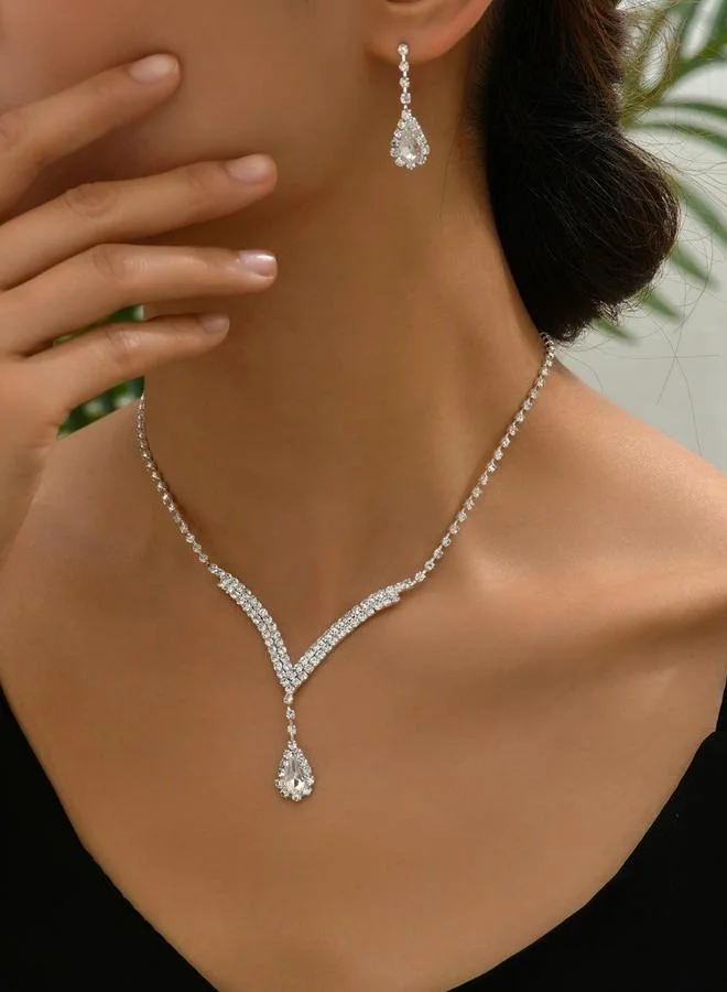 تايك تو طقم مجوهرات قلادة وأقراط مزينة بدلاية حجر راين قطعتين