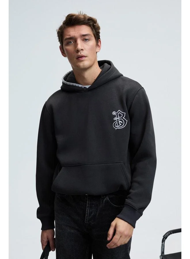 GRIMELANGE GROVER Men's Hooded Sweatshirt with Decorative Stitch Details, Chest Embroidery, Kangaroo Pocket, Anthracite.