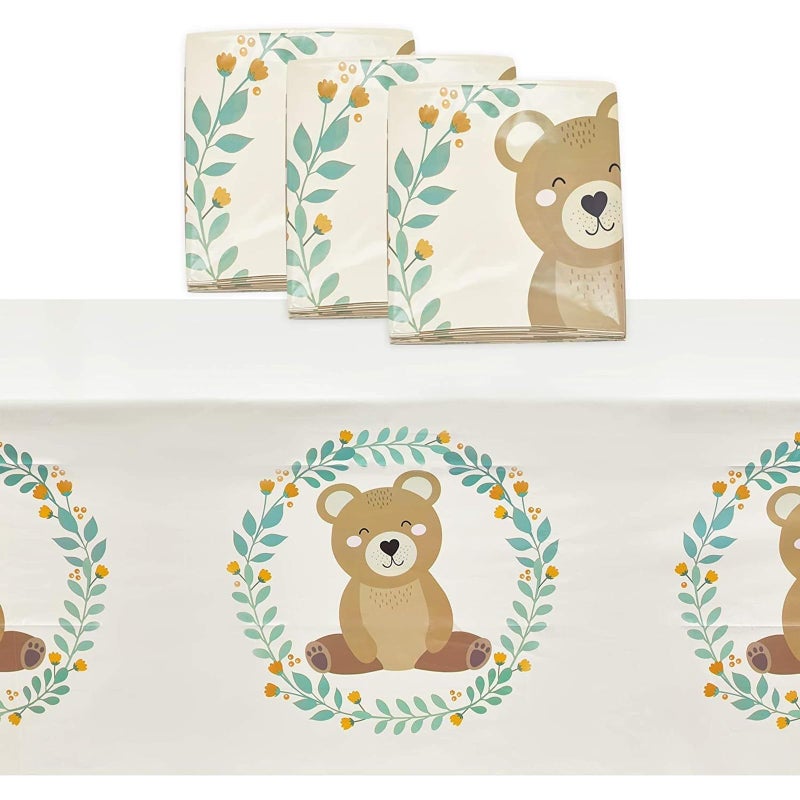 Sparkle and Bash Sparkle and Bash Bear Plastic Tablecloth for Baby Boy Shower Decorations 54 x 108 in Bear Tablecloth 3 Pack 