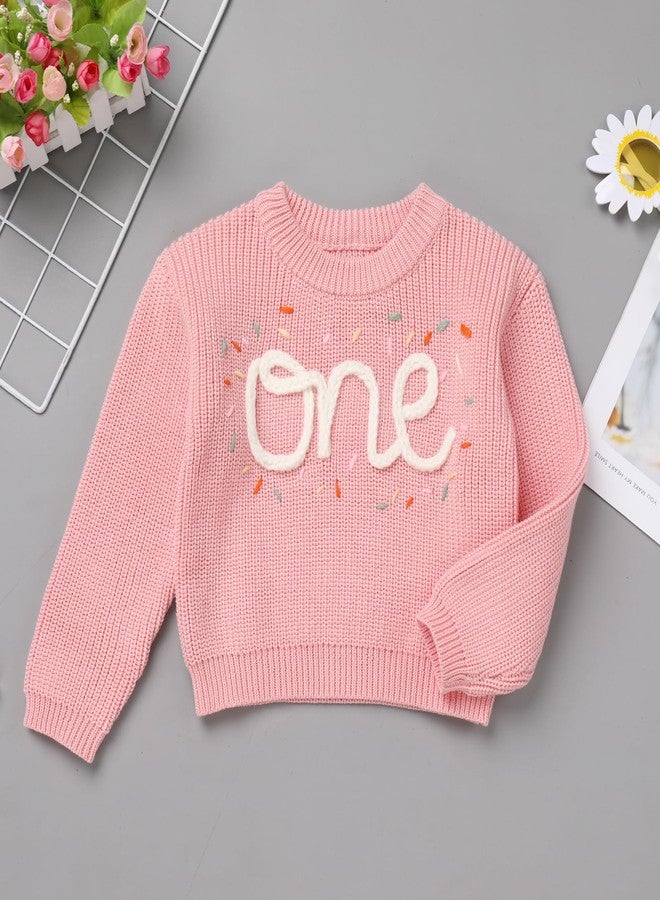 AFAVOM Baby Girls Winter Fall Knit Sweater Toddler Warm Clothes Embroidred One Letter Print First Birthday Outfit Smash Cake Photo Shoot Top Casual Long Sleeve Round Neck Pullover Sweatshirt Pink 1Y - Image 2