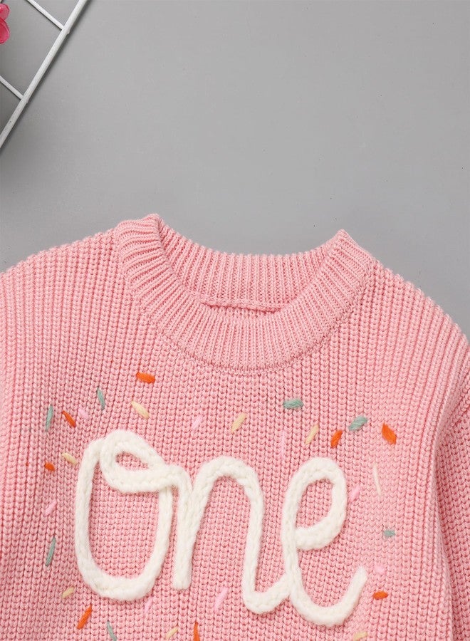 AFAVOM Baby Girls Winter Fall Knit Sweater Toddler Warm Clothes Embroidred One Letter Print First Birthday Outfit Smash Cake Photo Shoot Top Casual Long Sleeve Round Neck Pullover Sweatshirt Pink 1Y - Image 3