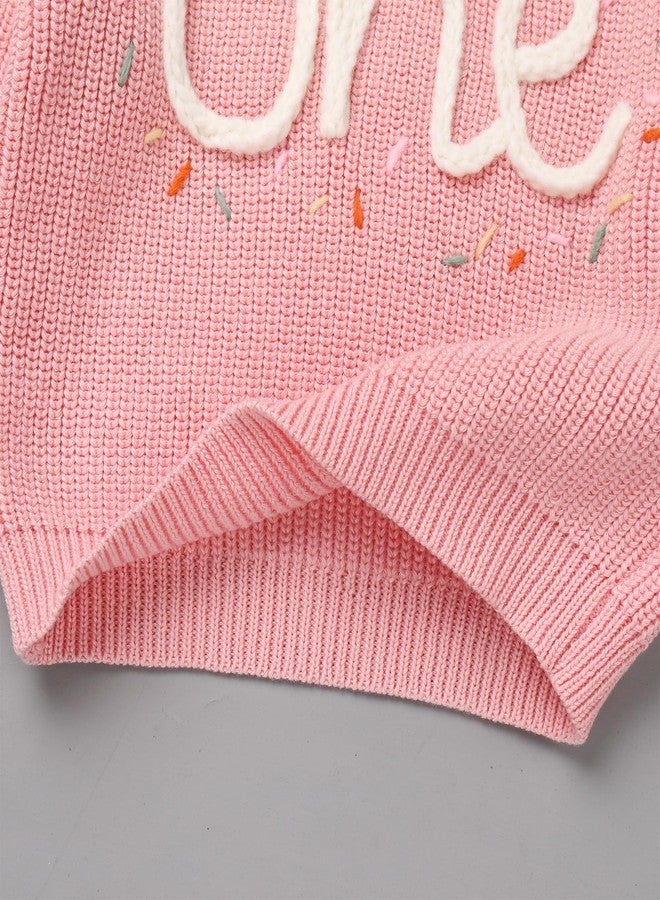 AFAVOM Baby Girls Winter Fall Knit Sweater Toddler Warm Clothes Embroidred One Letter Print First Birthday Outfit Smash Cake Photo Shoot Top Casual Long Sleeve Round Neck Pullover Sweatshirt Pink 1Y - Image 4