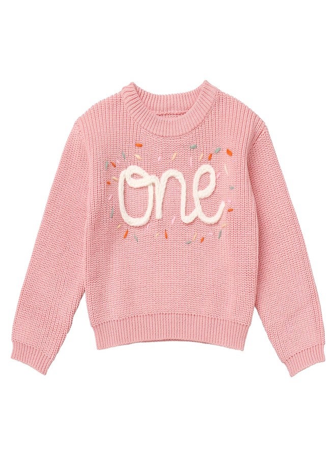 AFAVOM Baby Girls Winter Fall Knit Sweater Toddler Warm Clothes Embroidred One Letter Print First Birthday Outfit Smash Cake Photo Shoot Top Casual Long Sleeve Round Neck Pullover Sweatshirt Pink 1Y - Image 1