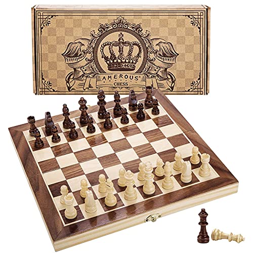 AMEROUS 12 x 12 Magnetic Wooden Chess Set for Kids and 6 up Age 2 Bonus Extra Queens Folding Board with Storage Slots Handmade Chess Pieces Portable Travel Chess Board Game Sets - Image 1